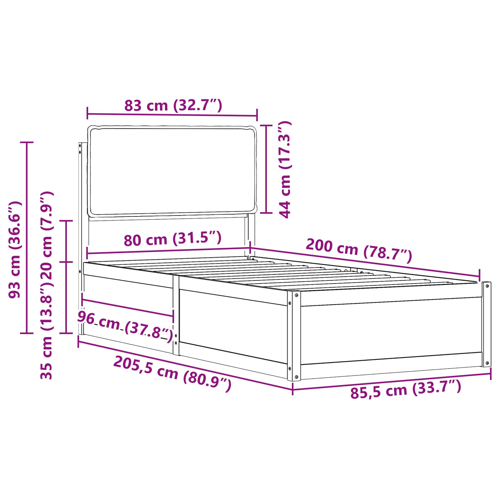 Bedframe met Gevoerd Hoofdgedeelte Zwart 80 x 200 cm is nu te koop bij PeponiXL, paradijselijk wonen!