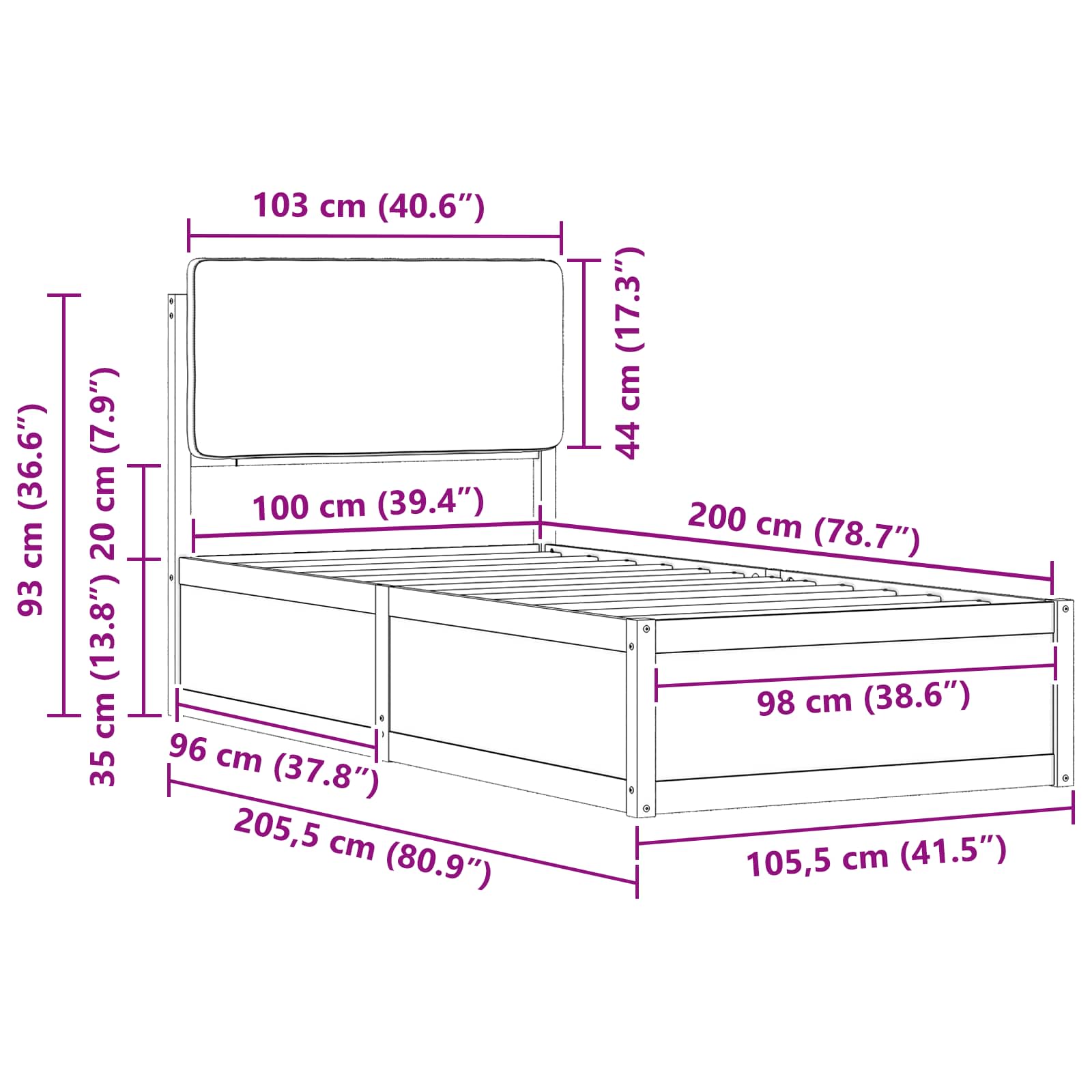 Bedframe met Gevoerd Hoofdgedeelte Zwart 100 x 200 cm is nu te koop bij PeponiXL, paradijselijk wonen!
