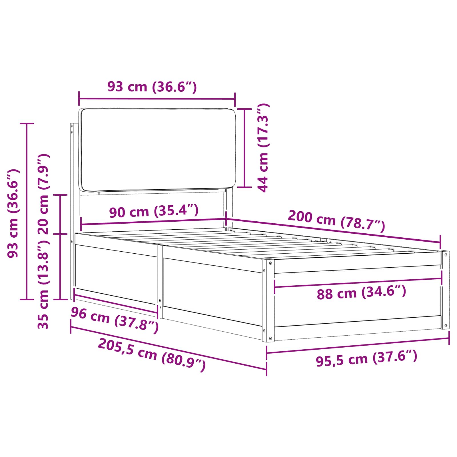 Bedframe met Gevoerd Hoofdgedeelte Donkergrijs 90 x 200 cm is nu te koop bij PeponiXL, paradijselijk wonen!