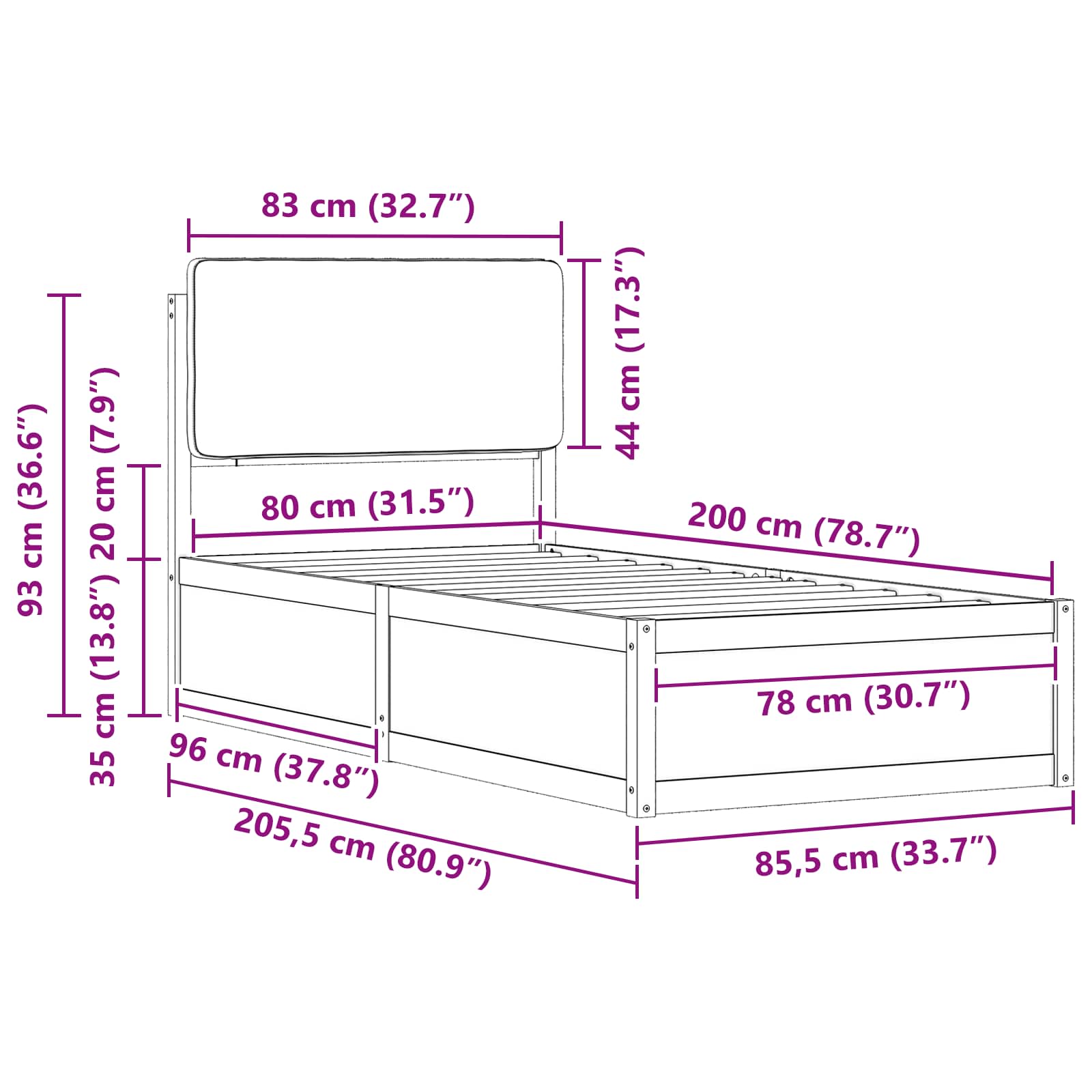 Bedframe met Gevoerd Hoofdgedeelte Zwart 80 x 200 cm is nu te koop bij PeponiXL, paradijselijk wonen!