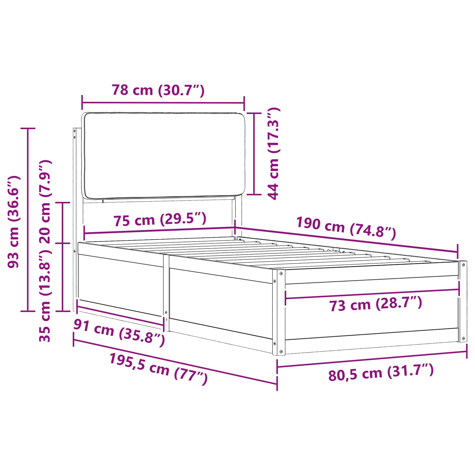 Bedframe met Gevoerd Hoofdgedeelte Donkergrijs 75 x 190 cm is nu te koop bij PeponiXL, paradijselijk wonen!