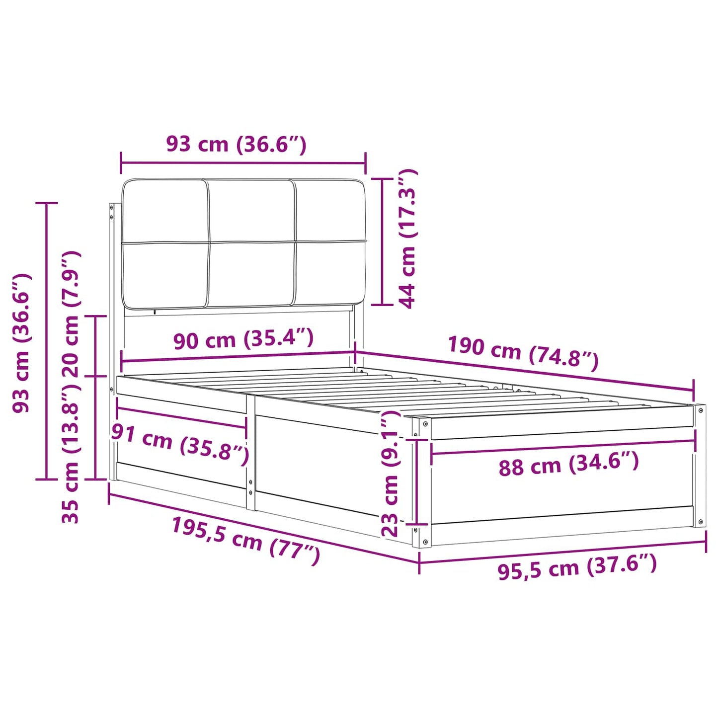 Bedframe met Gevoerd Hoofdgedeelte Zwart 90 x 190 cm is nu te koop bij PeponiXL, paradijselijk wonen!