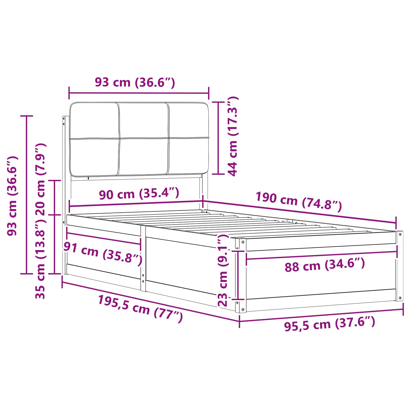 Bedframe met Gevoerd Hoofdgedeelte Zwart 90 x 190 cm is nu te koop bij PeponiXL, paradijselijk wonen!