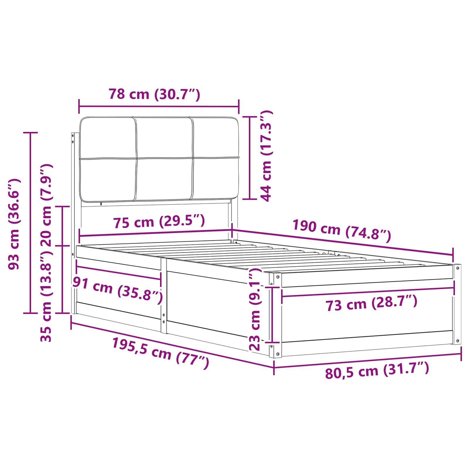 Bedframe met Gevoerd Hoofdgedeelte Donkergrijs 75 x 190 cm is nu te koop bij PeponiXL, paradijselijk wonen!