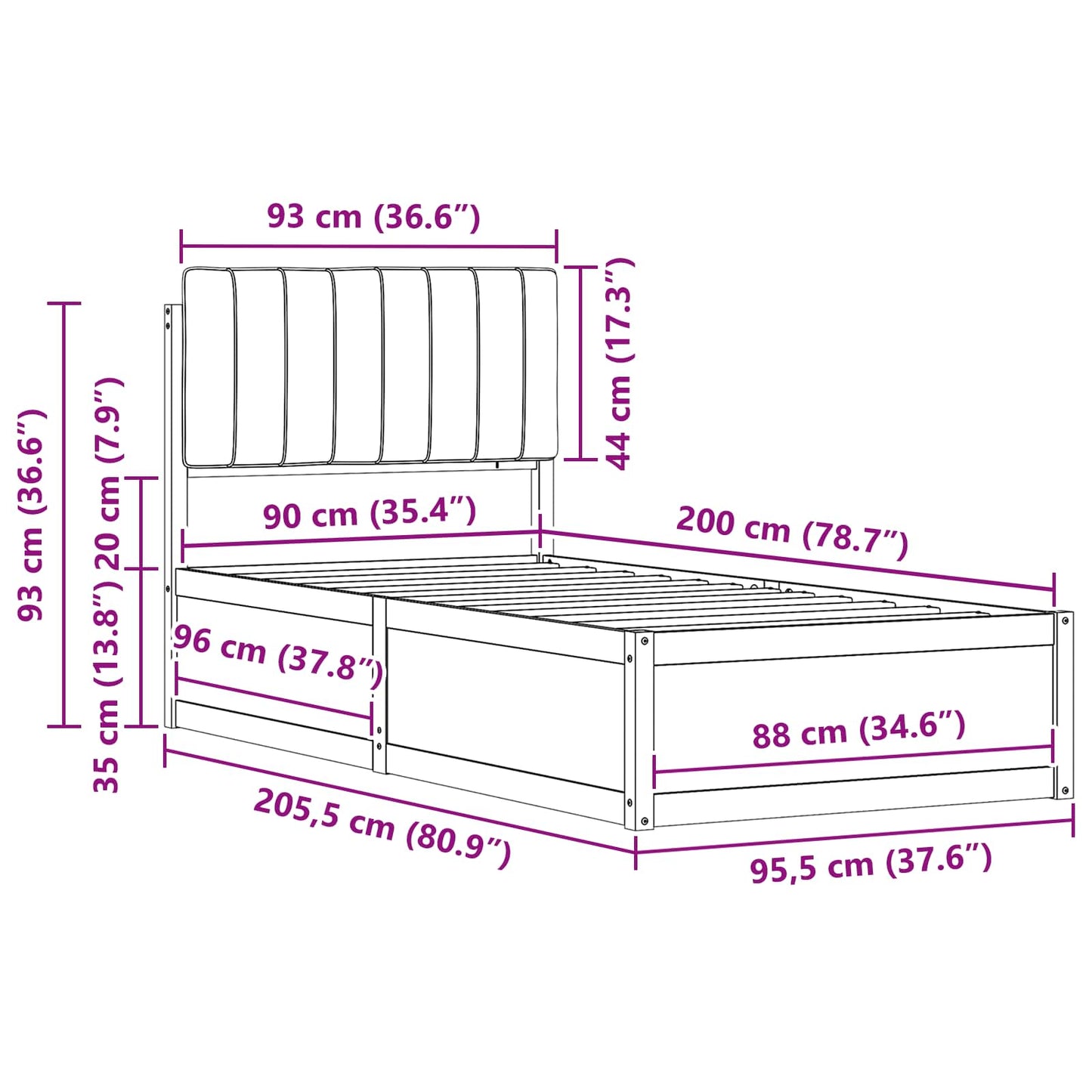 Bedframe met Gevoerd Hoofdgedeelte Zwart 90 x 200 cm is nu te koop bij PeponiXL, paradijselijk wonen!