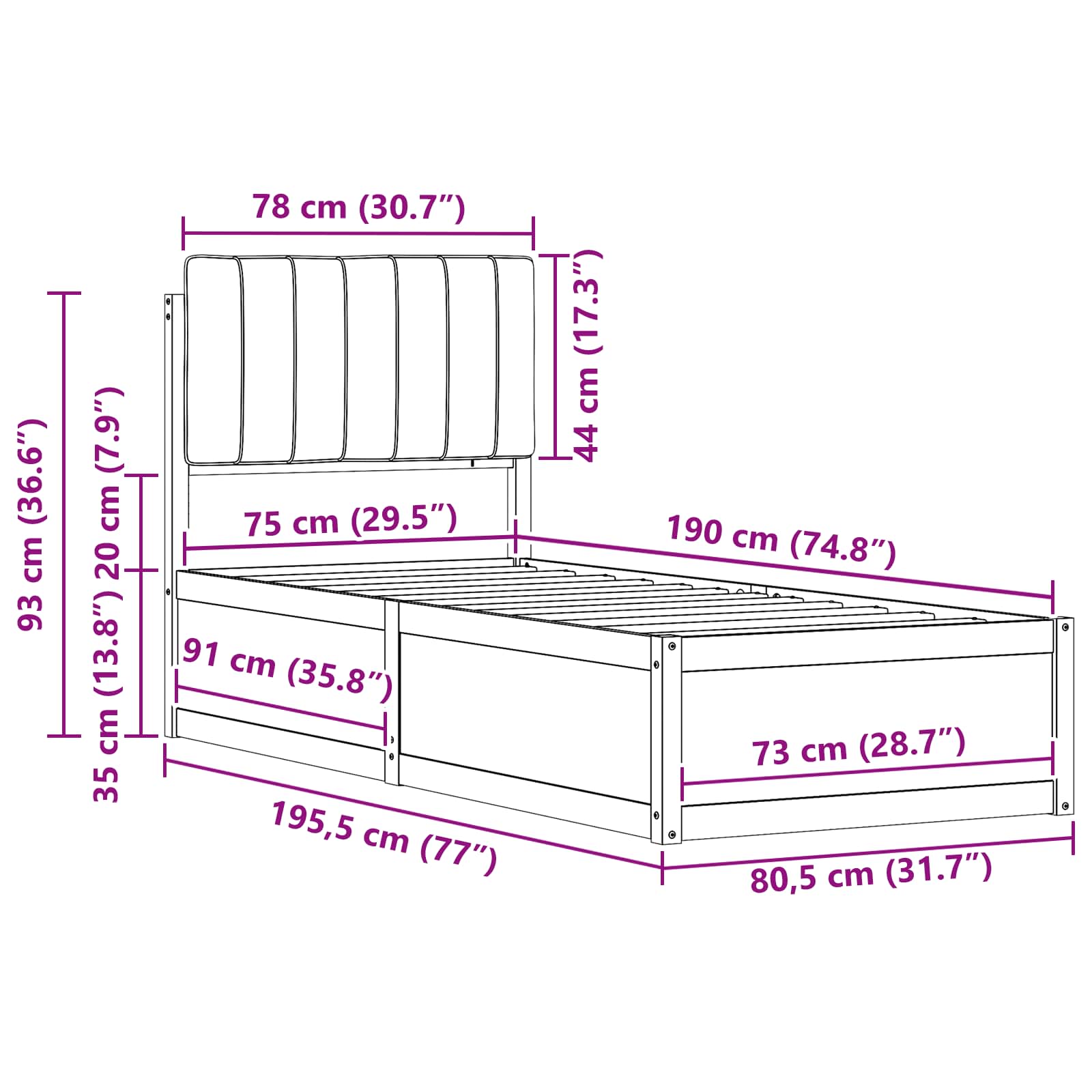 Bedframe met Gevoerd Hoofdgedeelte Donkergrijs 75 x 190 cm is nu te koop bij PeponiXL, paradijselijk wonen!