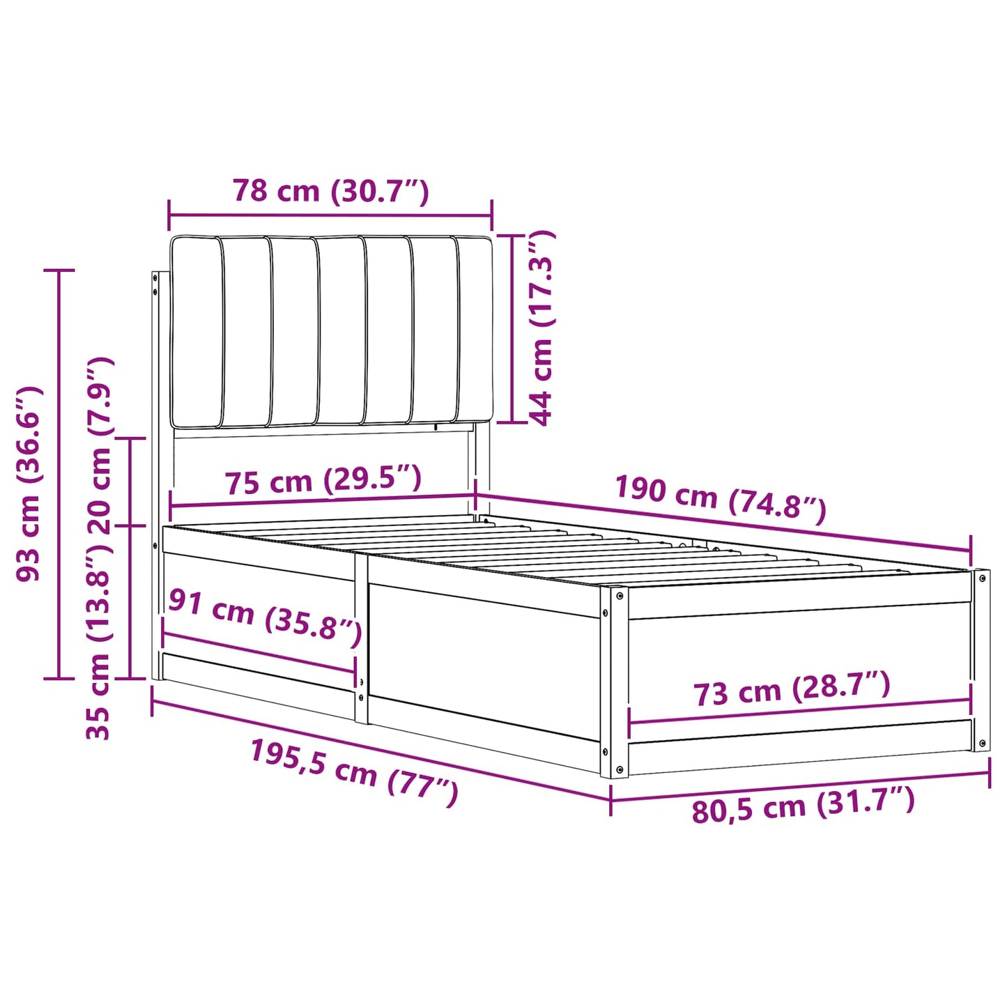 Bedframe met Gevoerd Hoofdgedeelte Lichtgrijs 75 x 190 cm is nu te koop bij PeponiXL, paradijselijk wonen!
