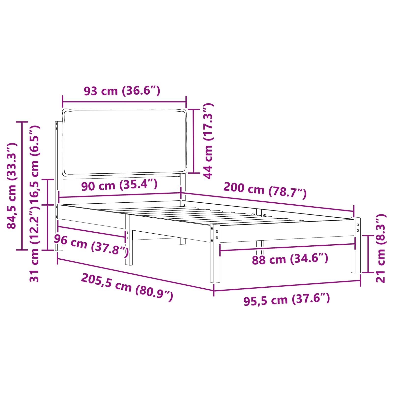 Bedframe met Gevoerd Hoofdgedeelte Zwart 90 x 200 cm is nu te koop bij PeponiXL, paradijselijk wonen!