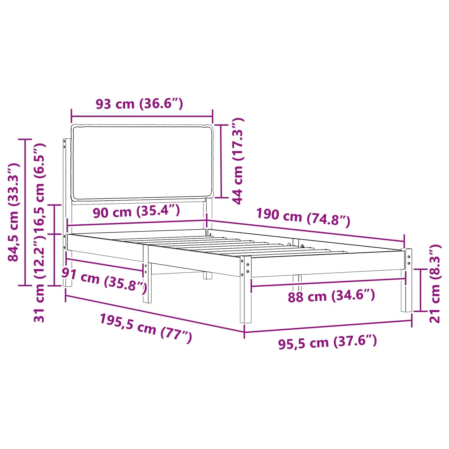 Bedframe met Gevoerd Hoofdgedeelte Donkergrijs 90 x 190 cm is nu te koop bij PeponiXL, paradijselijk wonen!