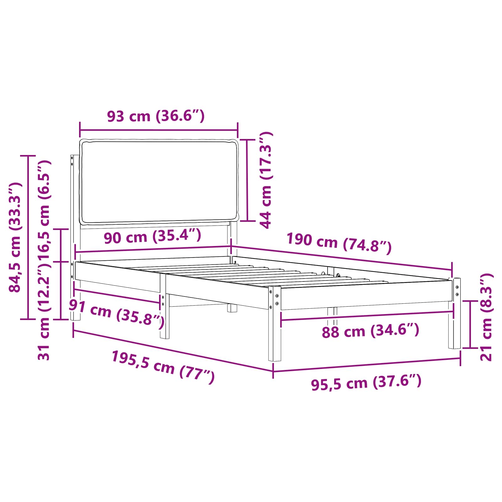 Bedframe met Gevoerd Hoofdgedeelte Zwart 90 x 190 cm is nu te koop bij PeponiXL, paradijselijk wonen!