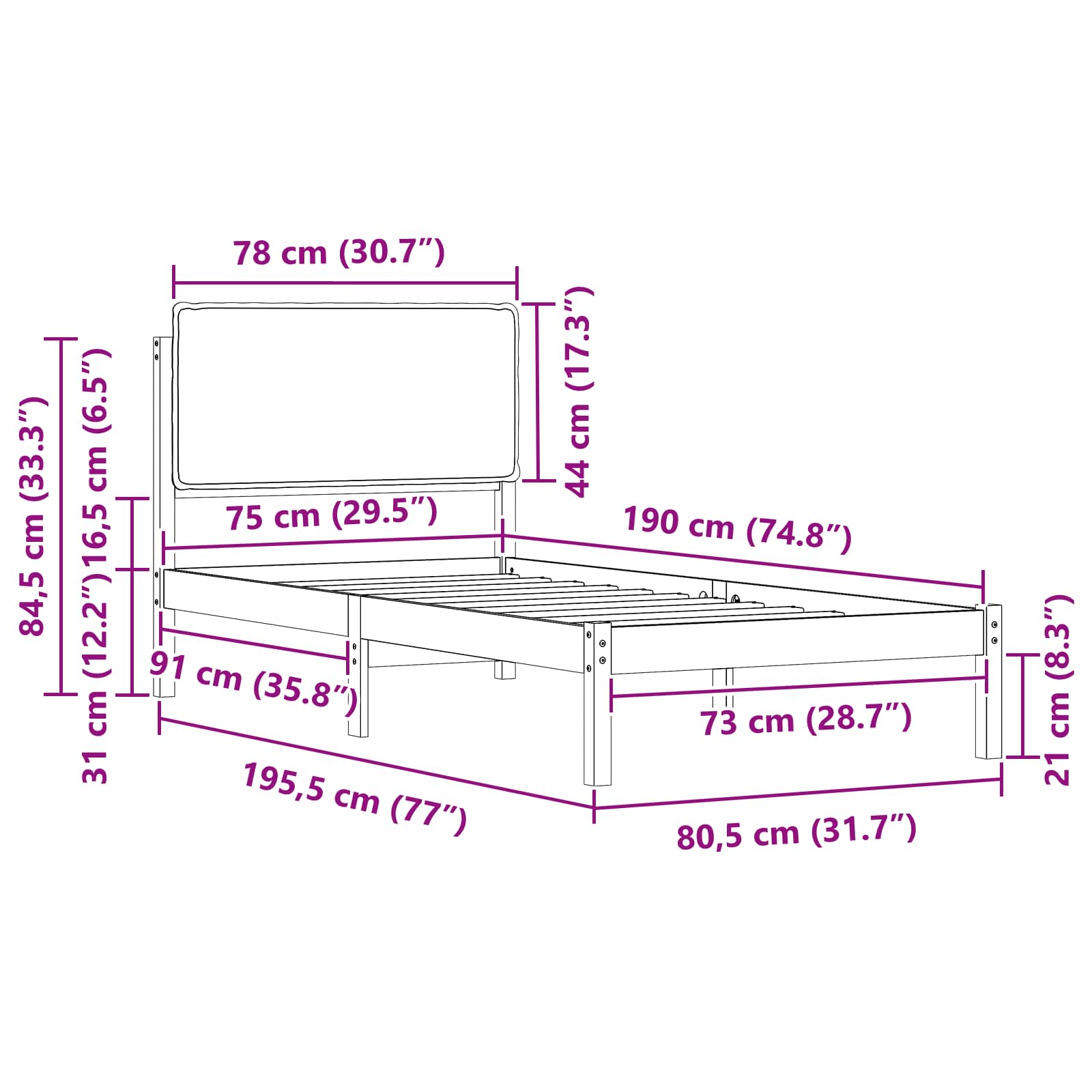Bedframe met Gevoerd Hoofdgedeelte Donkergrijs 75 x 190 cm is nu te koop bij PeponiXL, paradijselijk wonen!