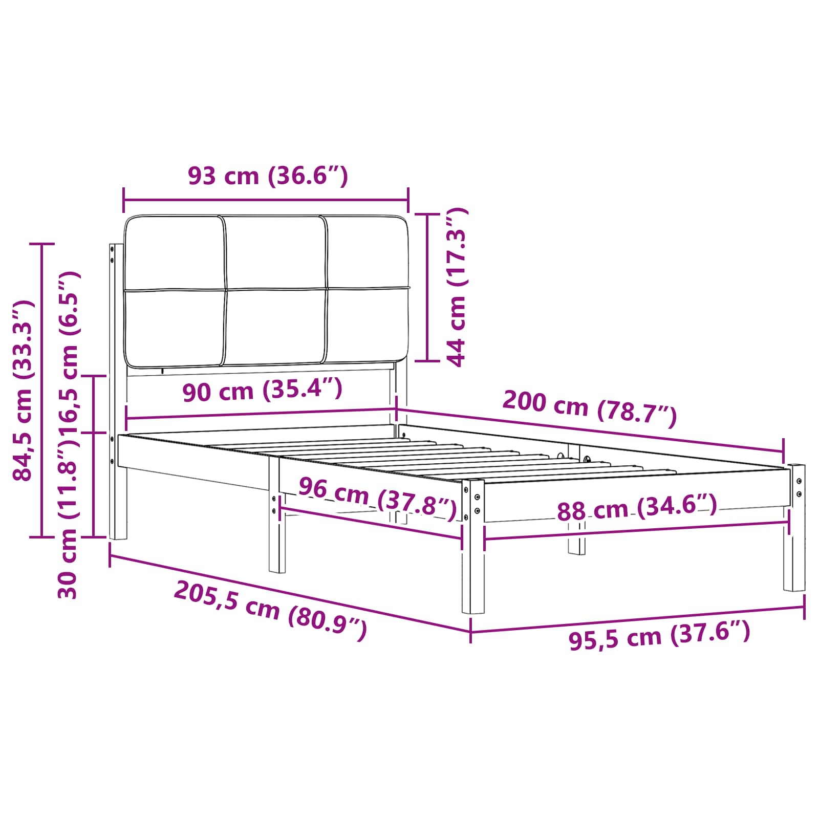 Bedframe met Gevoerd Hoofdgedeelte Zwart 90 x 200 cm is nu te koop bij PeponiXL, paradijselijk wonen!