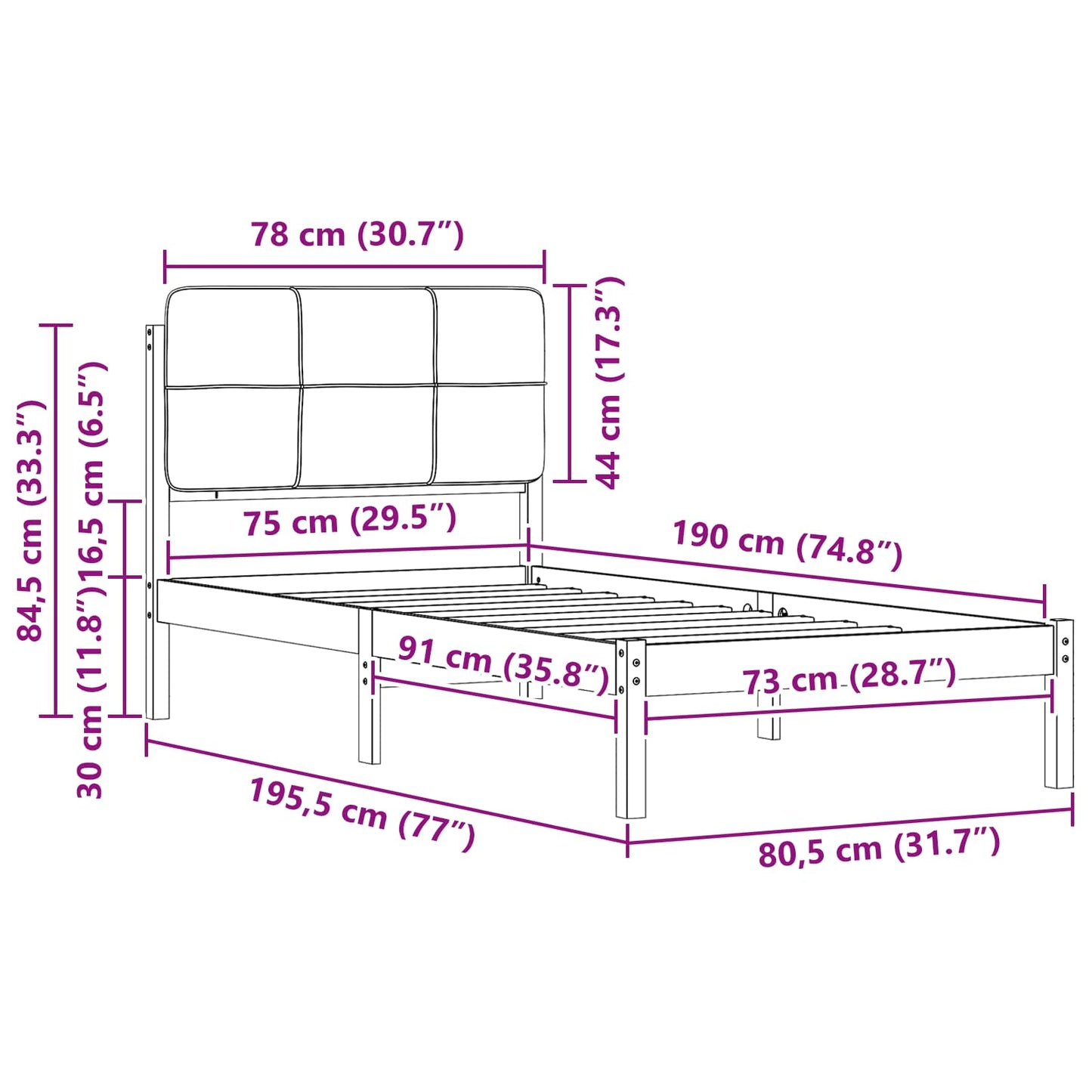 Bedframe met Gevoerd Hoofdgedeelte Zwart 75 x 190 cm is nu te koop bij PeponiXL, paradijselijk wonen!