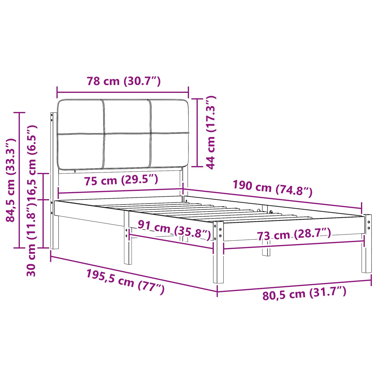 Bedframe met Gevoerd Hoofdgedeelte Zwart 75 x 190 cm is nu te koop bij PeponiXL, paradijselijk wonen!