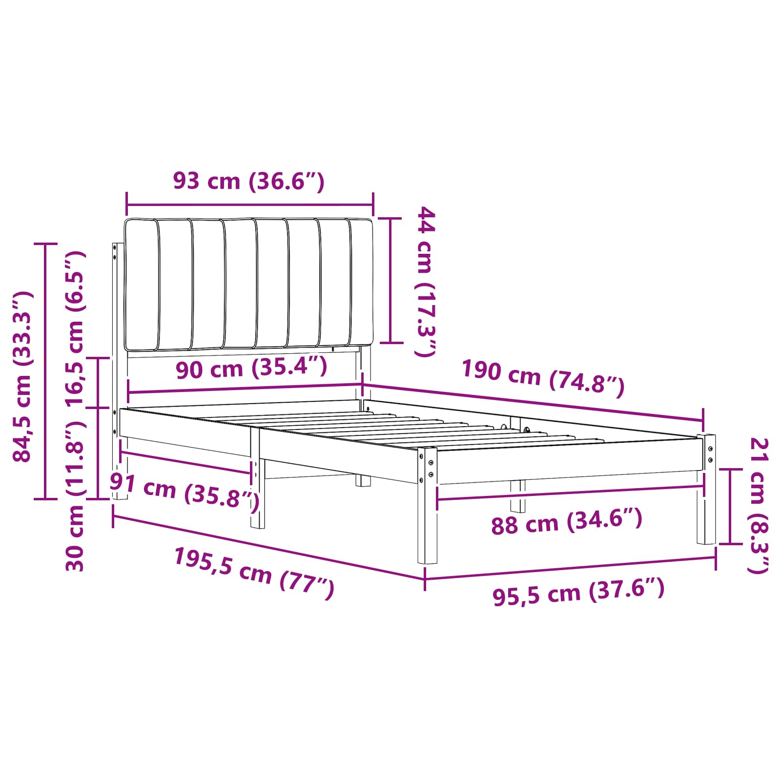 Bedframe met Gevoerd Hoofdgedeelte Zwart 90 x 190 cm is nu te koop bij PeponiXL, paradijselijk wonen!