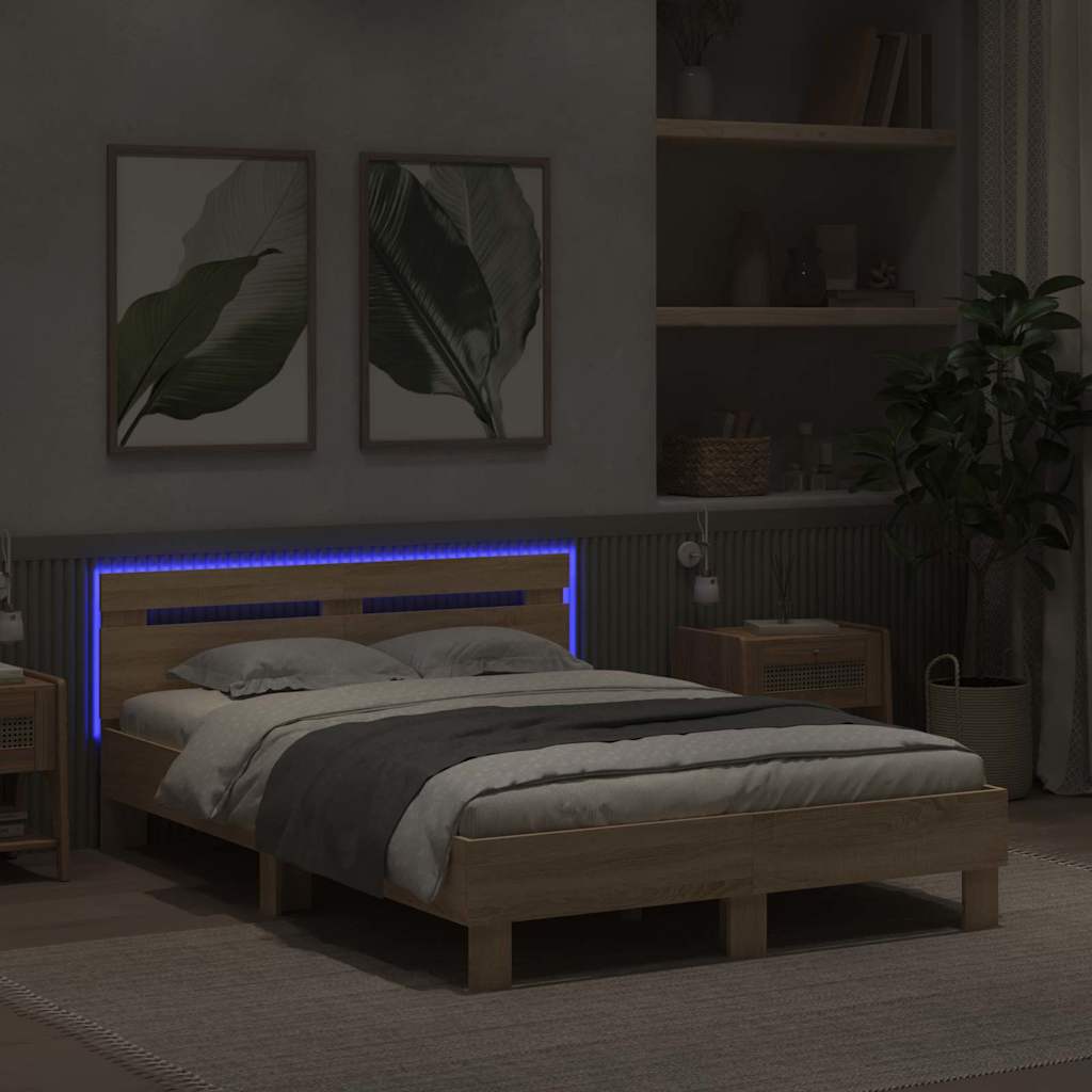 Bedframe met LED Sonoma 137 x 190 cm Bewerkt hout is nu te koop bij PeponiXL, paradijselijk wonen!