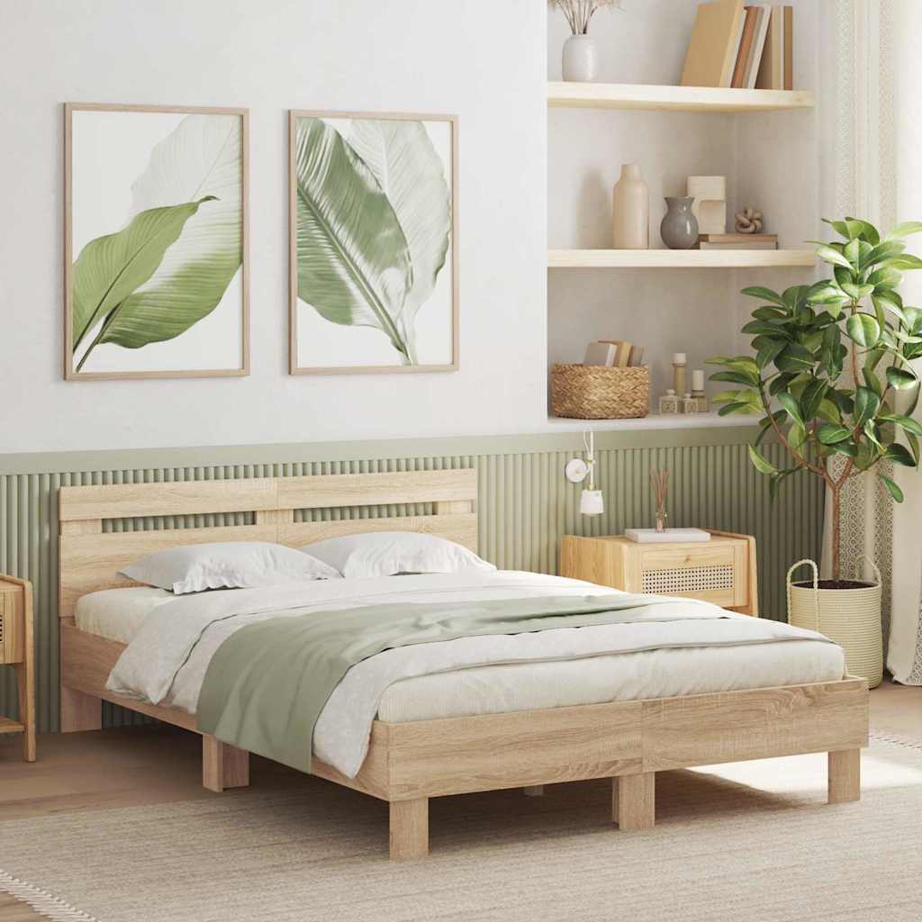 Bedframe met LED Sonoma 137 x 190 cm Bewerkt hout is nu te koop bij PeponiXL, paradijselijk wonen!