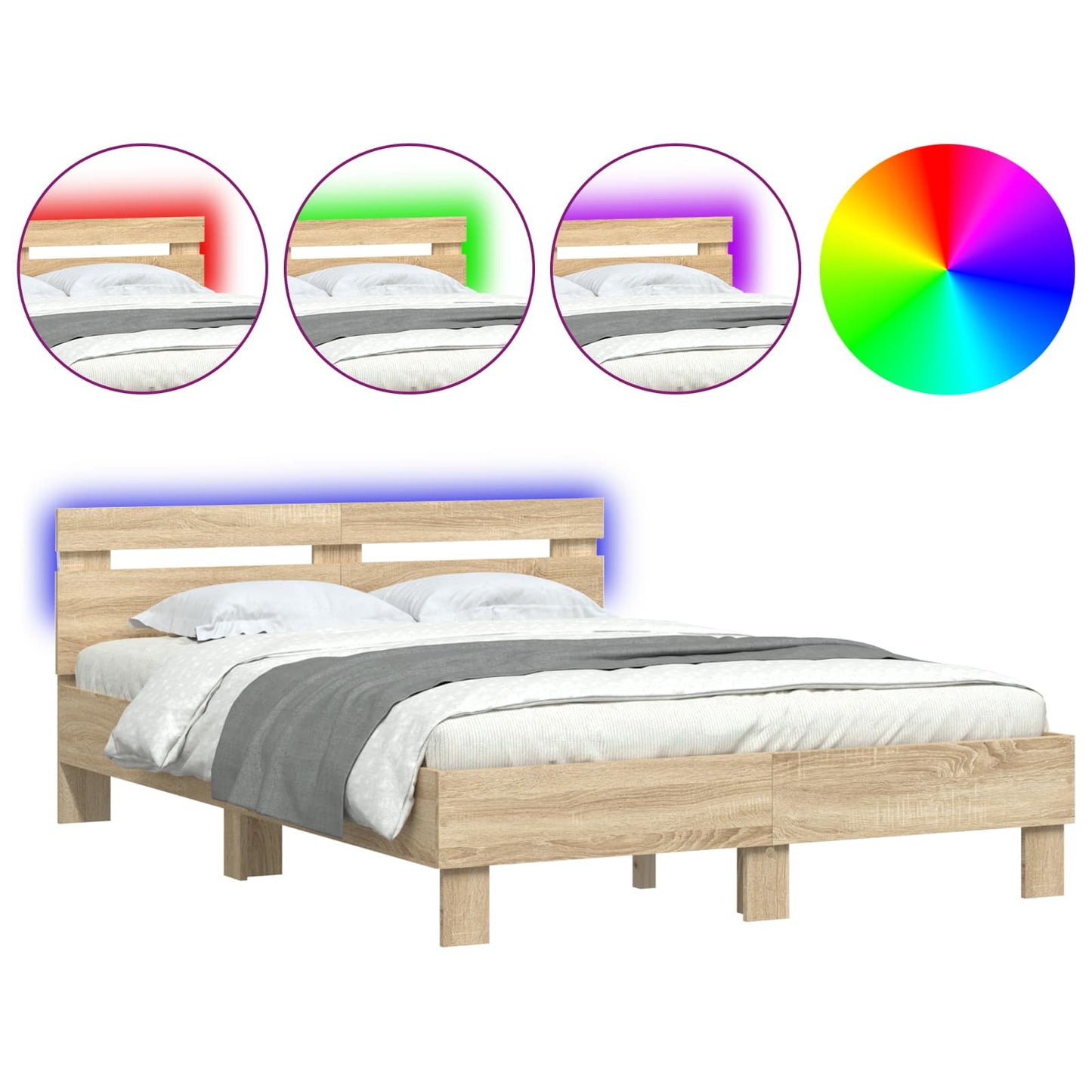 Bedframe met LED Sonoma 137 x 190 cm Bewerkt hout is nu te koop bij PeponiXL, paradijselijk wonen!