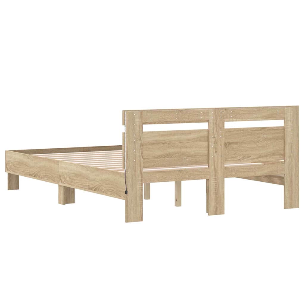 Bedframe met LED Sonoma 137 x 190 cm Bewerkt hout is nu te koop bij PeponiXL, paradijselijk wonen!
