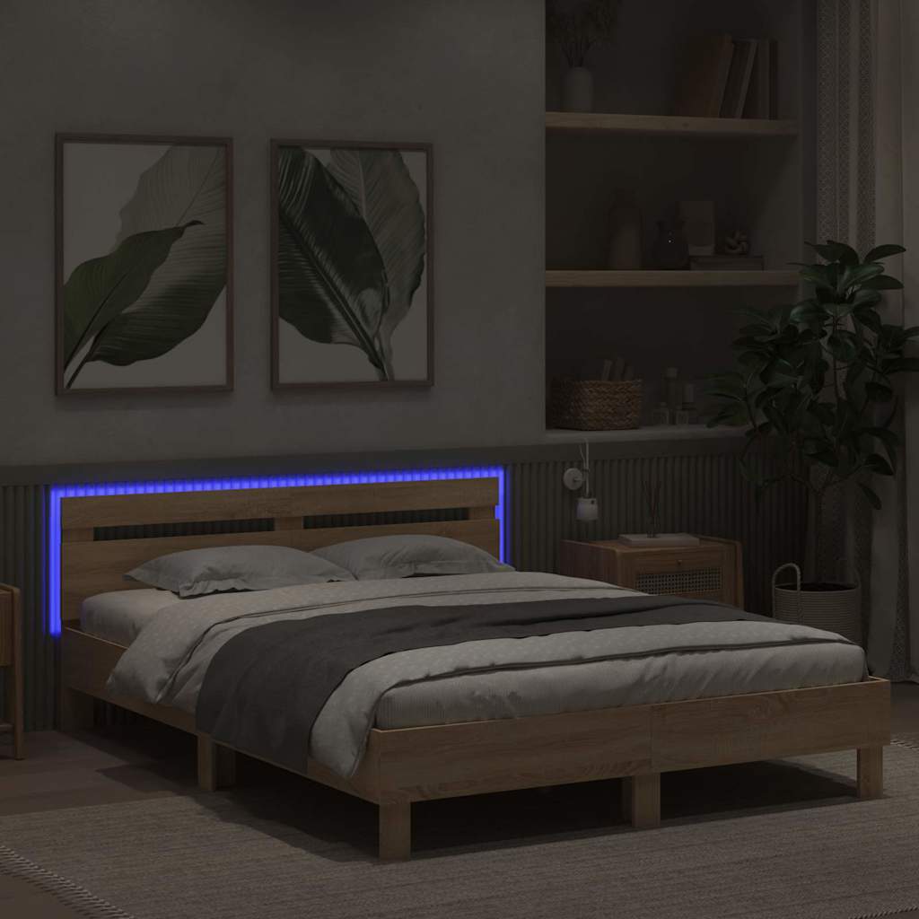 Bedframe met LED Sonoma 152 x 203 cm Bewerkt hout is nu te koop bij PeponiXL, paradijselijk wonen!