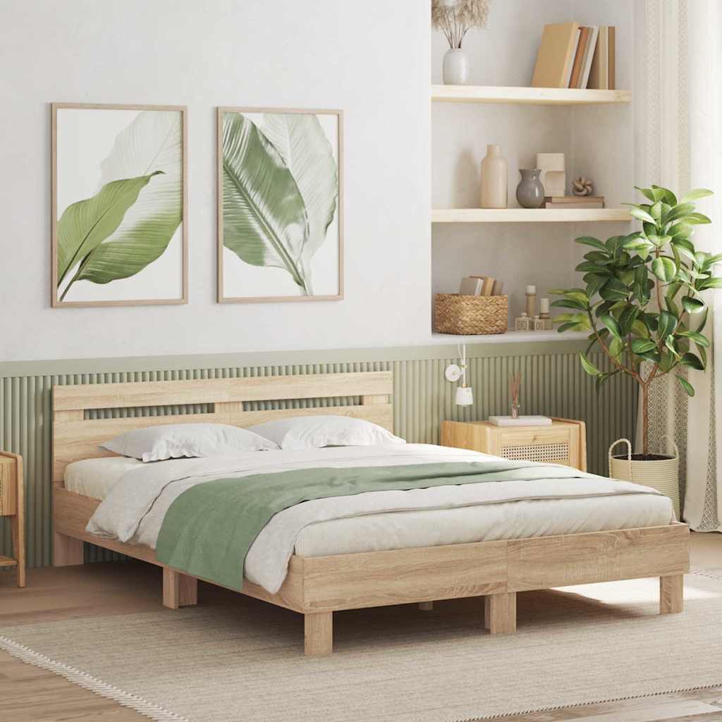 Bedframe met LED Sonoma 152 x 203 cm Bewerkt hout is nu te koop bij PeponiXL, paradijselijk wonen!