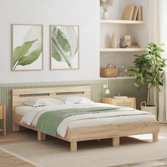 Bedframe met LED Sonoma 152 x 203 cm Bewerkt hout is nu te koop bij PeponiXL, paradijselijk wonen!