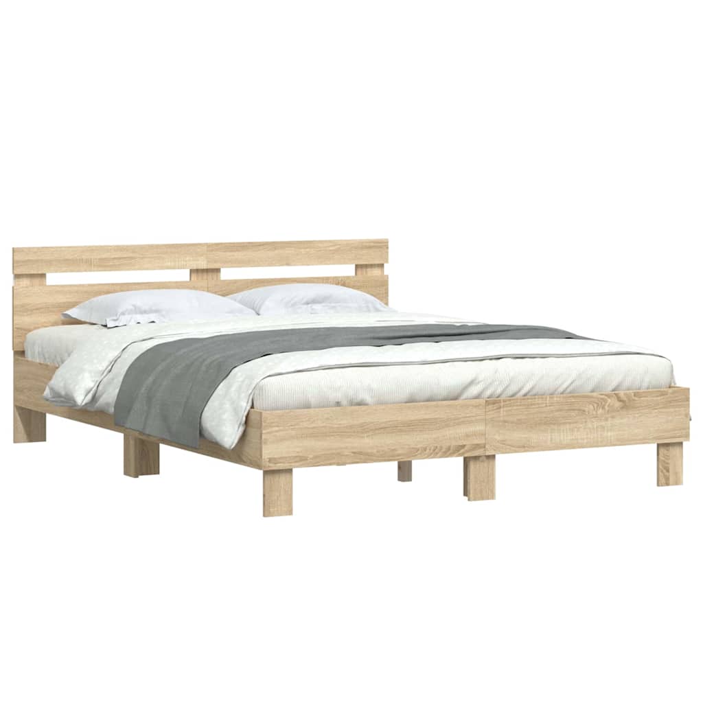 Bedframe met LED Sonoma 152 x 203 cm Bewerkt hout is nu te koop bij PeponiXL, paradijselijk wonen!