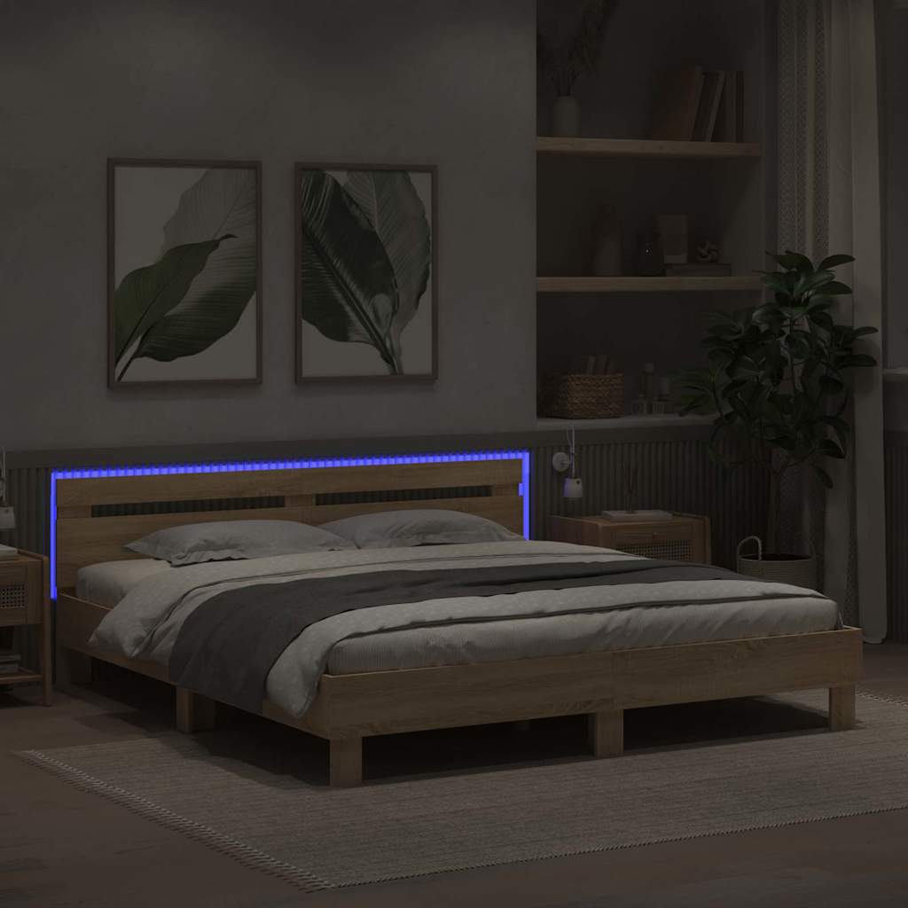 Bedframe met LED Sonoma 193 x 203 cm Bewerkt hout is nu te koop bij PeponiXL, paradijselijk wonen!