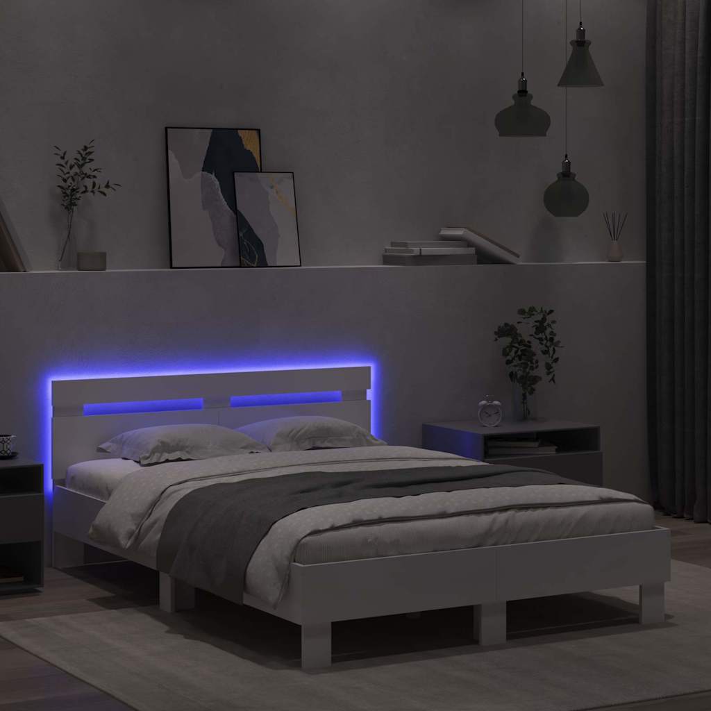 Bedframe met LED met hoofdeinde Wit 137 x 190 cm Bewerkt hout is nu te koop bij PeponiXL, paradijselijk wonen!