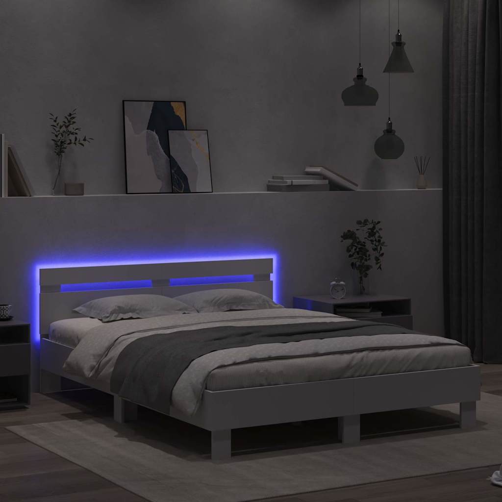Bedframe met LED met hoofdeinde Wit 152 x 203 cm Bewerkt hout is nu te koop bij PeponiXL, paradijselijk wonen!