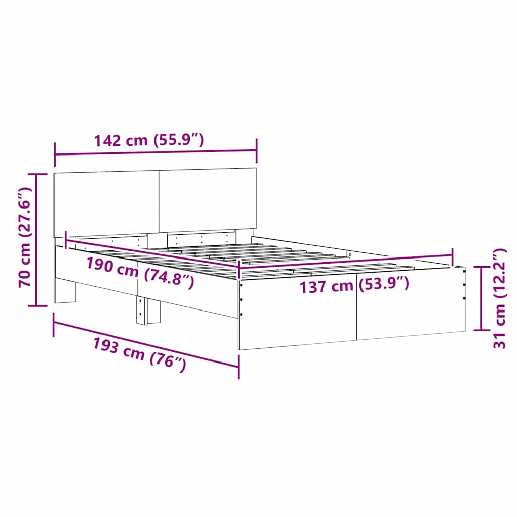 Bedframe met hoofdeinde Sonoma 137 x 190 cm Bewerkt hout is nu te koop bij PeponiXL, paradijselijk wonen!