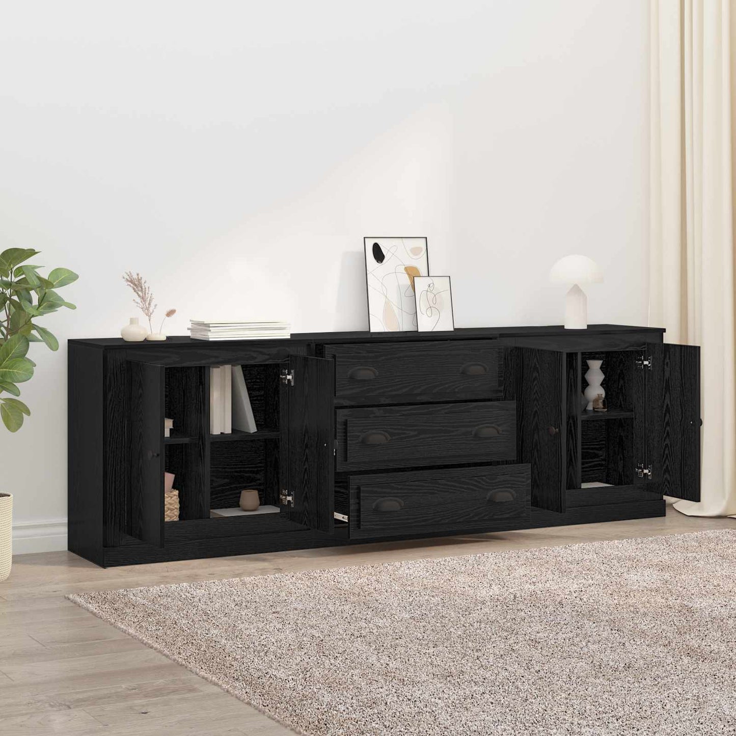 Dressoirs 3 pcs Zwart eiken 210 x 35,5 x 67,5 cm Bewerkt hout is nu te koop bij PeponiXL, paradijselijk wonen!