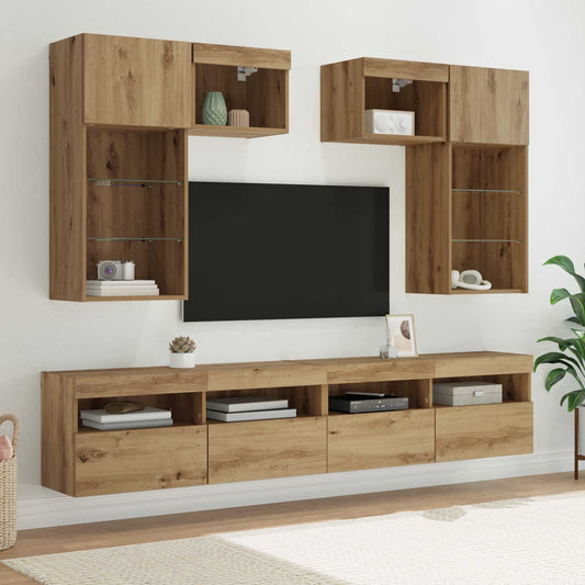 TV Wandmeubels met LED-striplichten 6 pcs Oud Hout Bewerkt hout is nu te koop bij PeponiXL, paradijselijk wonen!
