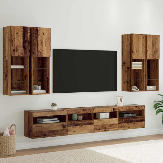 TV Wandkast Set met LED Lichten 7 pcs Oudhout 100 x 30 x 40 cm is nu te koop bij PeponiXL, paradijselijk wonen!