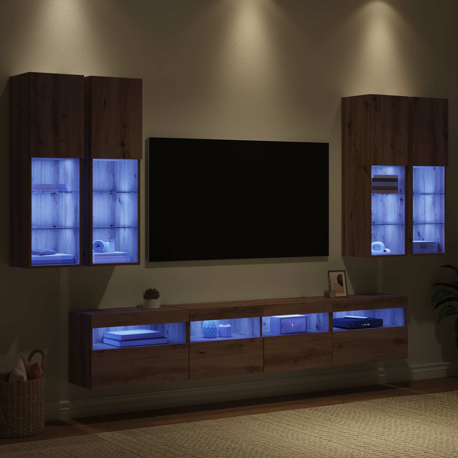 TV Wandkast Set met LED Lichten 7 pcs artisanaal eikenkleurig is nu te koop bij PeponiXL, paradijselijk wonen!