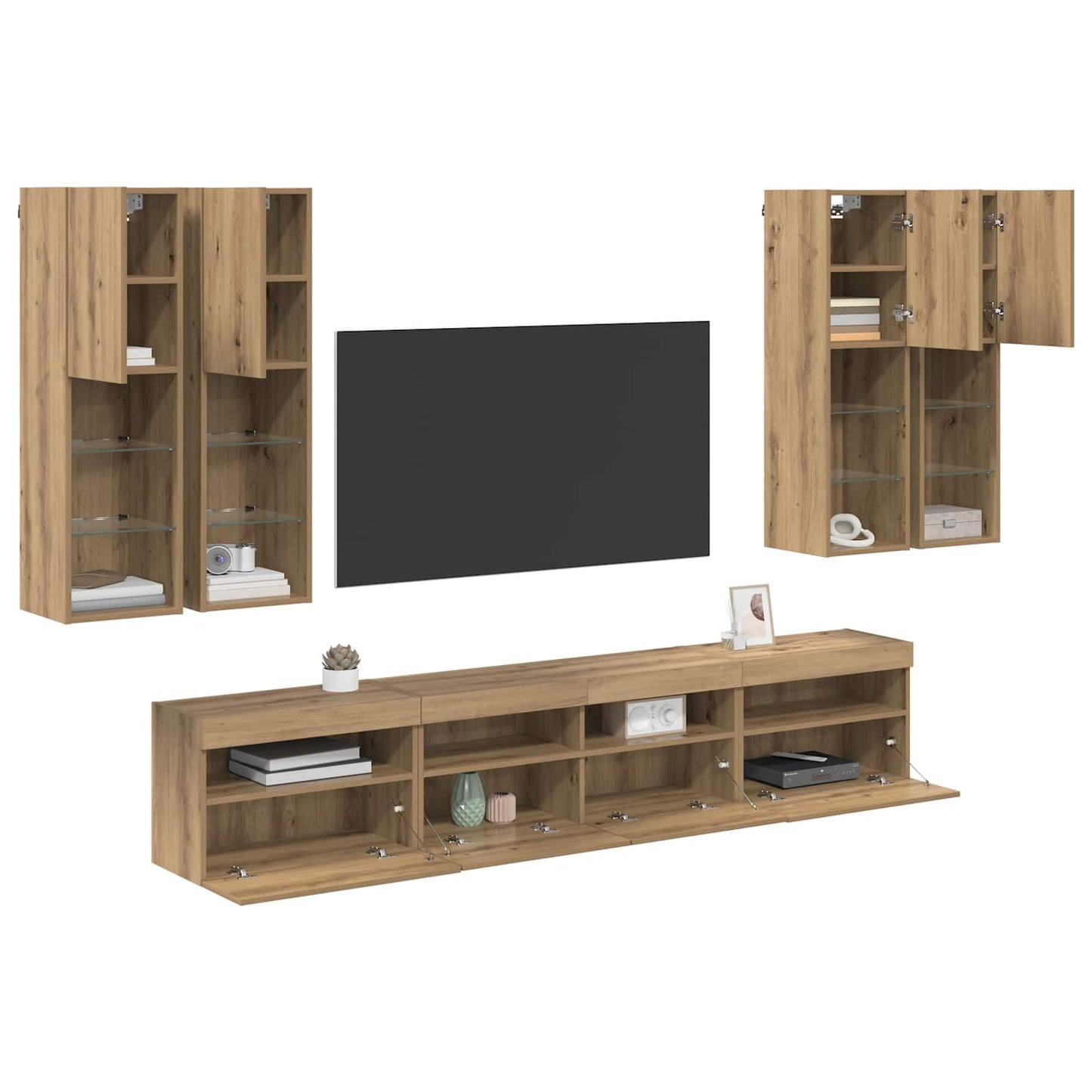 TV Wandkast Set met LED Lichten 7 pcs artisanaal eikenkleurig is nu te koop bij PeponiXL, paradijselijk wonen!