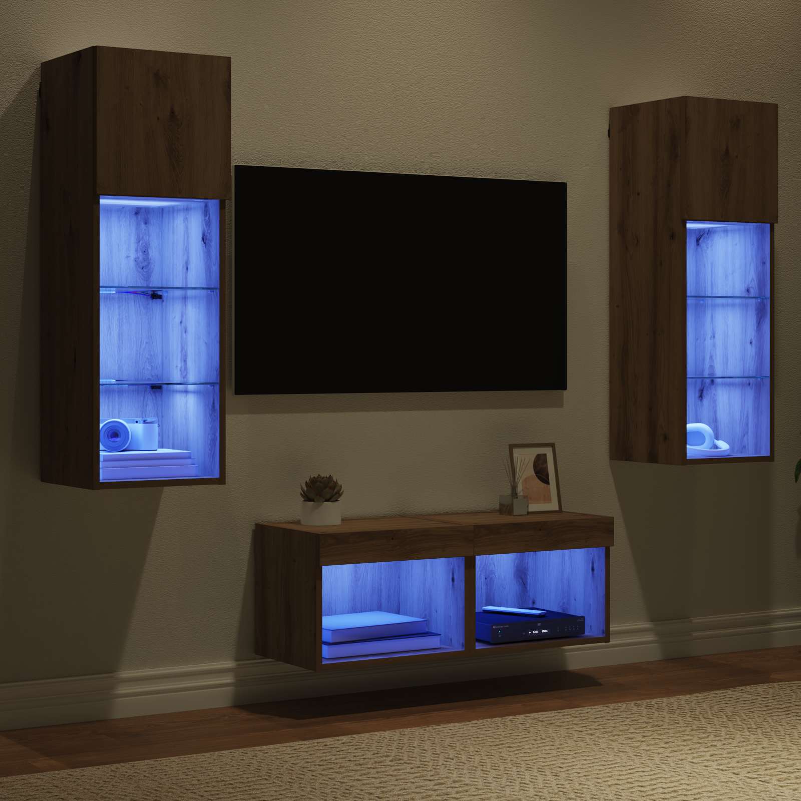 TV Wandkasten Wandgemonteerd 4 pcs Zwart Eiken Bewerkt hout is nu te koop bij PeponiXL, paradijselijk wonen!