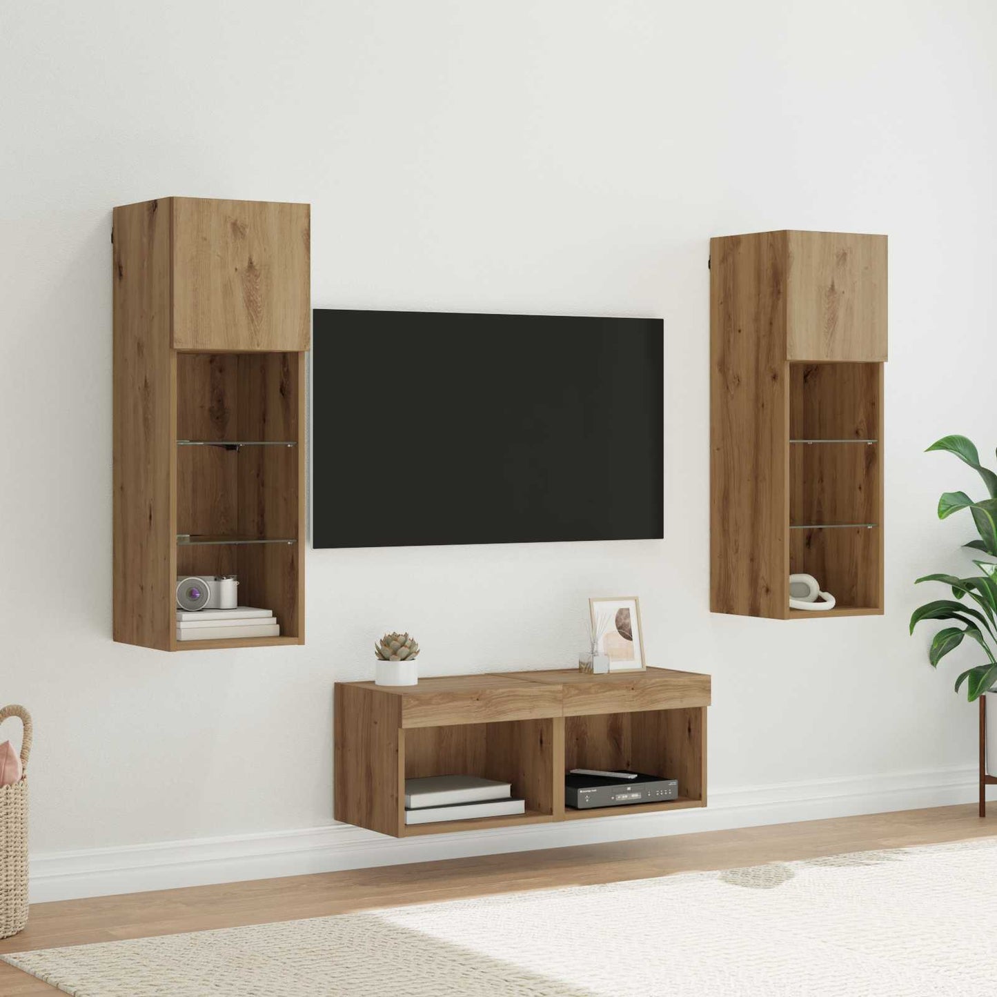 TV Wandkasten Wandgemonteerd 4 pcs Zwart Eiken Bewerkt hout is nu te koop bij PeponiXL, paradijselijk wonen!