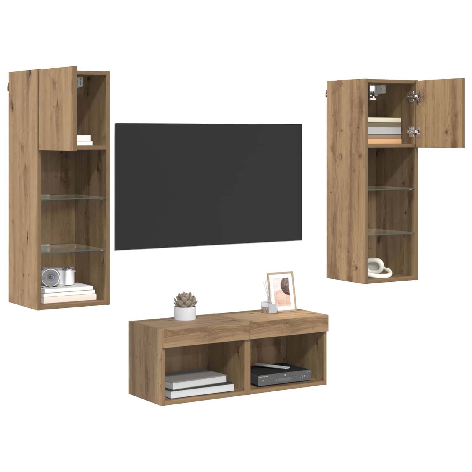 TV Wandkasten Wandgemonteerd 4 pcs Zwart Eiken Bewerkt hout is nu te koop bij PeponiXL, paradijselijk wonen!