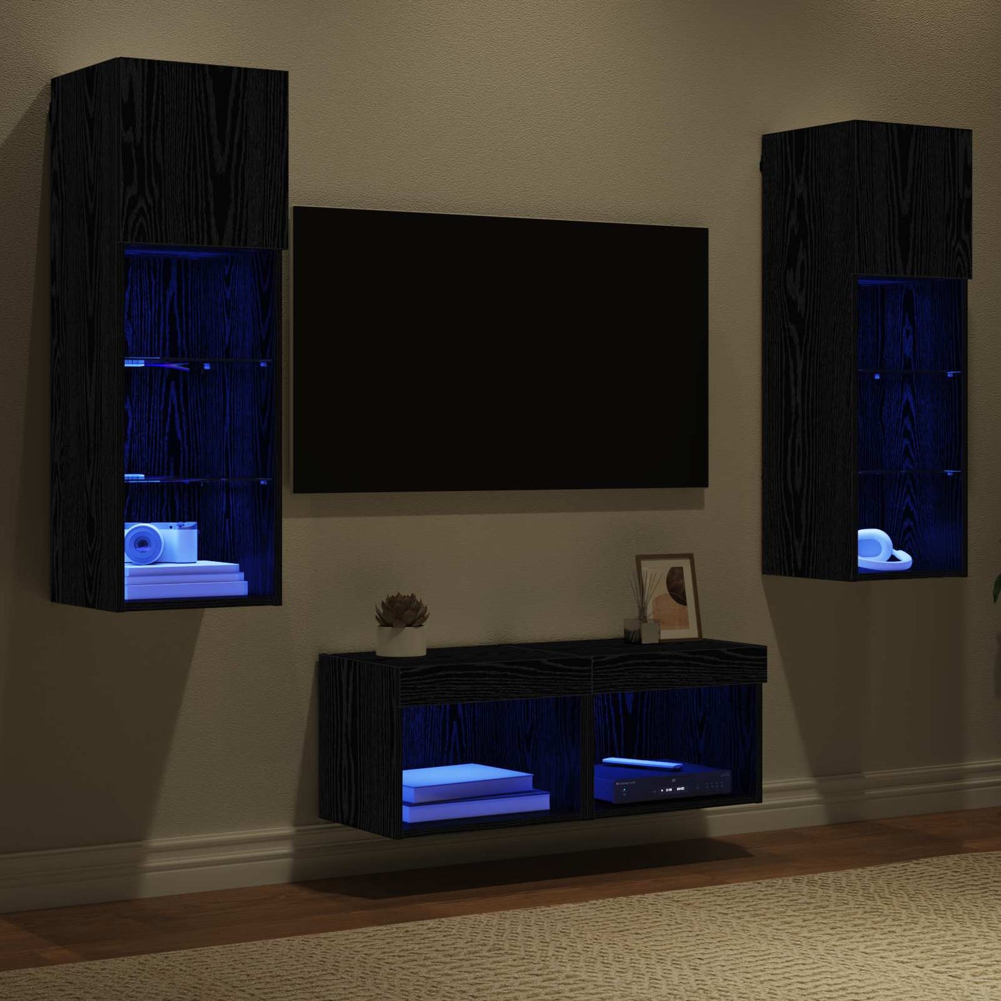 TV Wandkasten Wandgemonteerd 4 pcs Zwart Eiken Bewerkt hout is nu te koop bij PeponiXL, paradijselijk wonen!