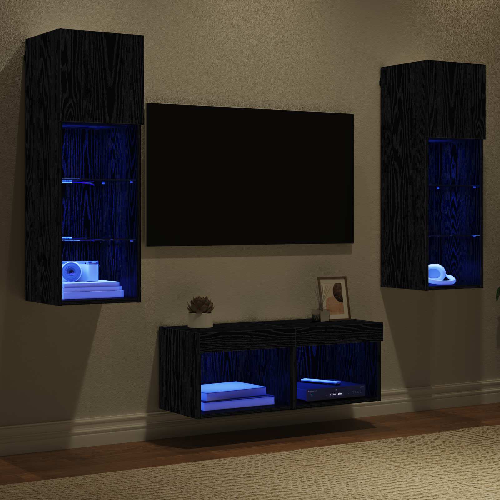 TV Wandkasten Wandgemonteerd 4 pcs Zwart Eiken Bewerkt hout is nu te koop bij PeponiXL, paradijselijk wonen!