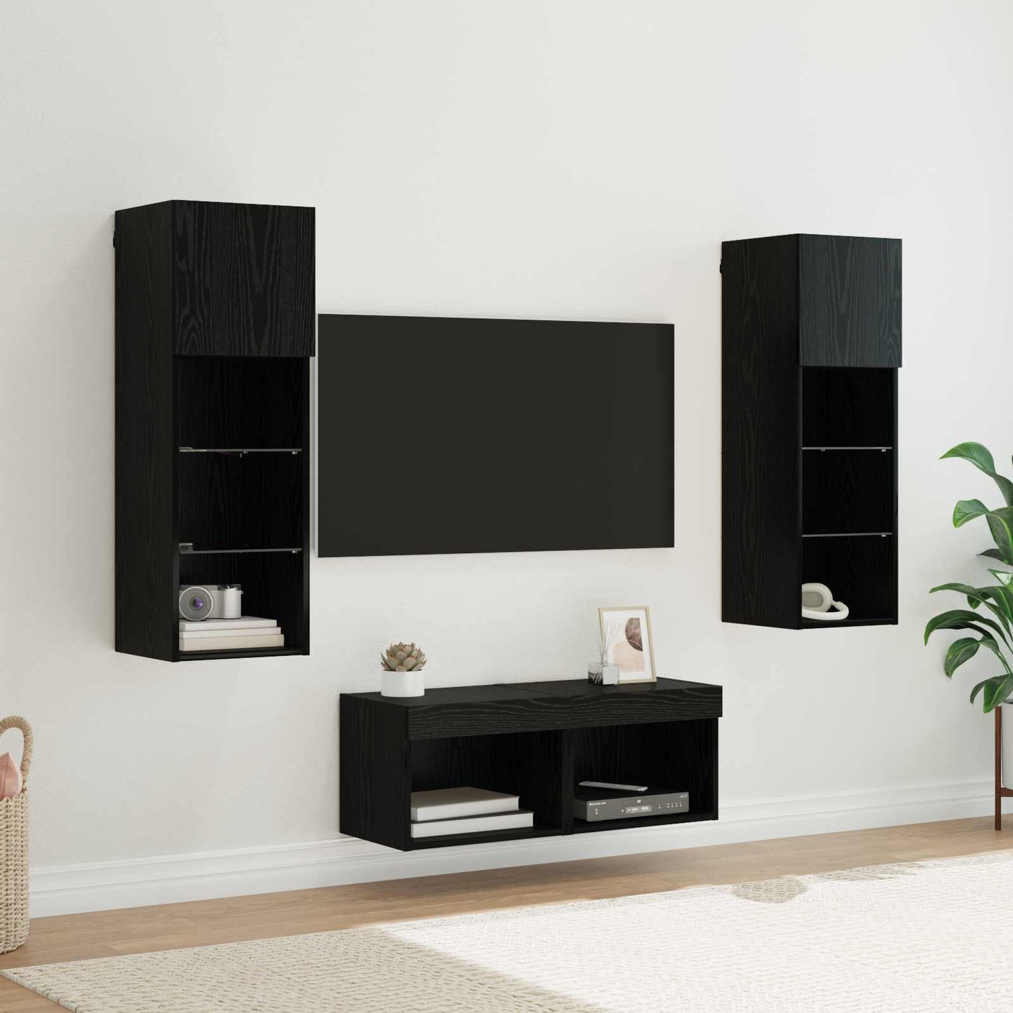 TV Wandkasten Wandgemonteerd 4 pcs Zwart Eiken Bewerkt hout is nu te koop bij PeponiXL, paradijselijk wonen!