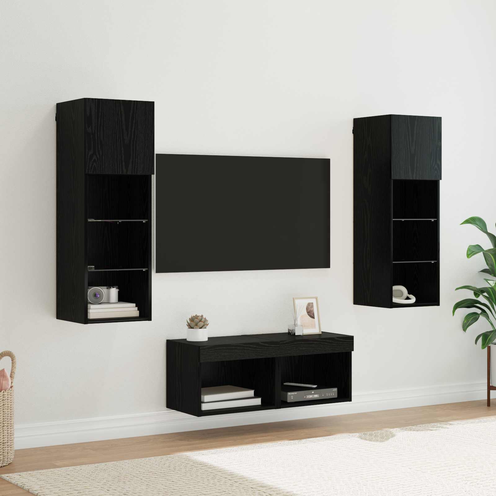 TV Wandkasten Wandgemonteerd 4 pcs Zwart Eiken Bewerkt hout is nu te koop bij PeponiXL, paradijselijk wonen!