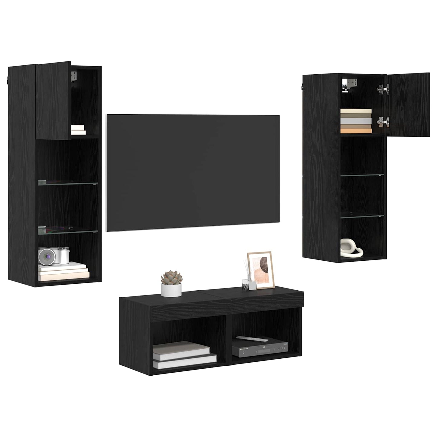 TV Wandkasten Wandgemonteerd 4 pcs Zwart Eiken Bewerkt hout is nu te koop bij PeponiXL, paradijselijk wonen!
