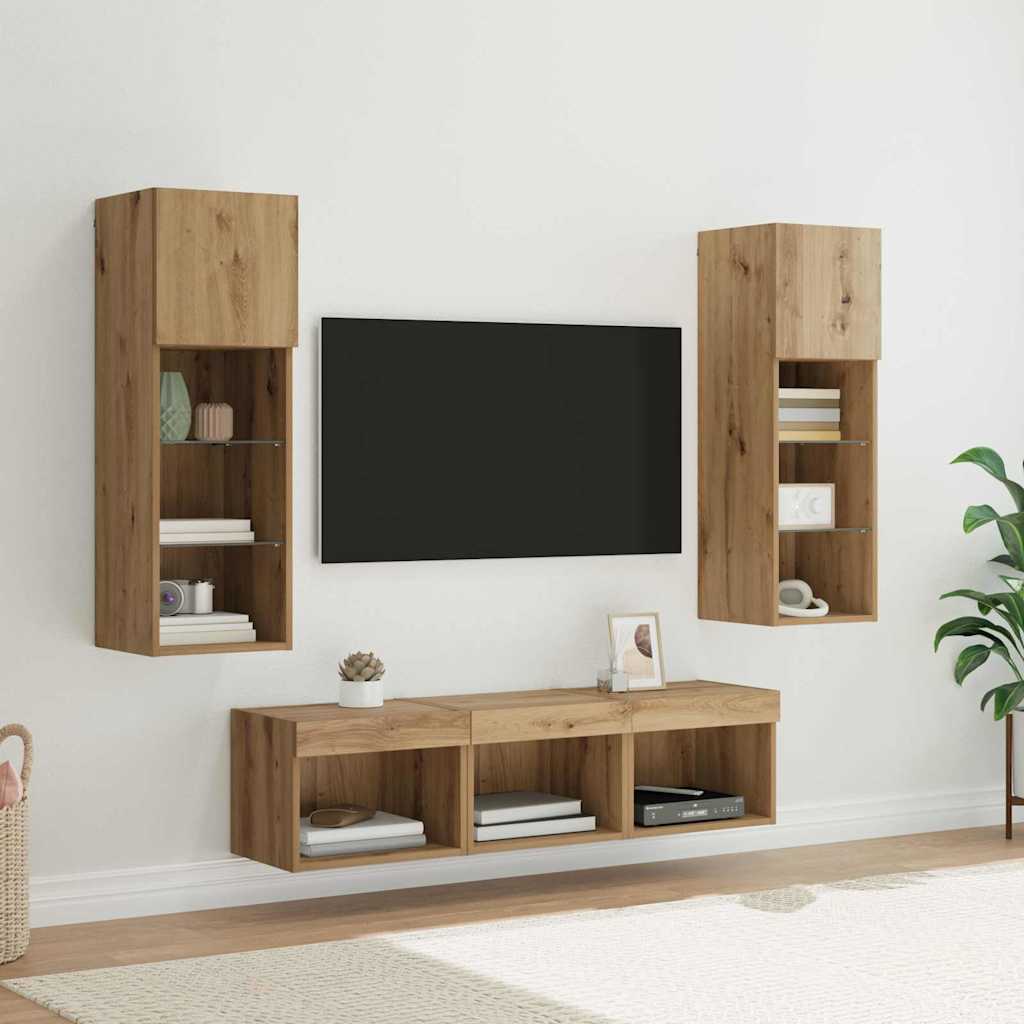 TV Wandmeubels Wandgemonteerd 5 pcs Zwart Eiken Bewerkt hout is nu te koop bij PeponiXL, paradijselijk wonen!