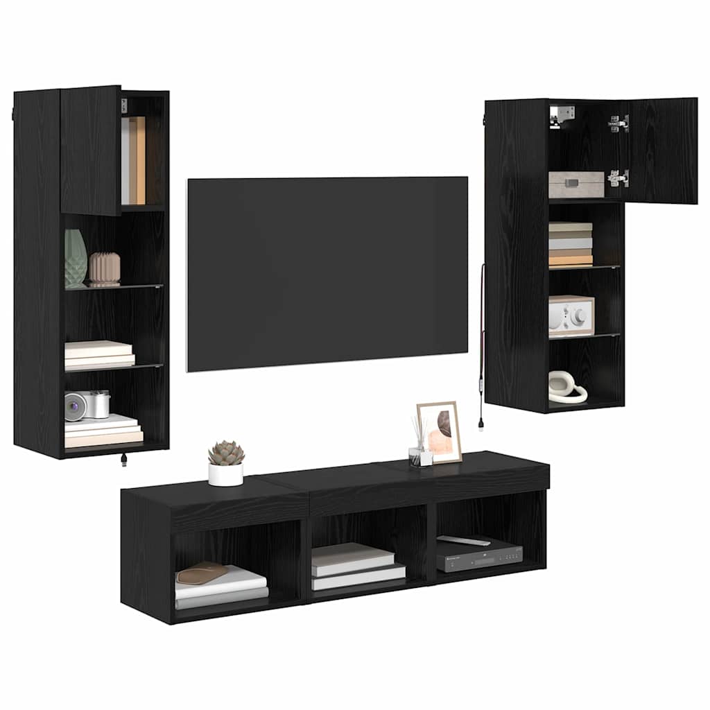 TV Wandmeubels Wandgemonteerd 5 pcs Zwart Eiken Bewerkt hout is nu te koop bij PeponiXL, paradijselijk wonen!