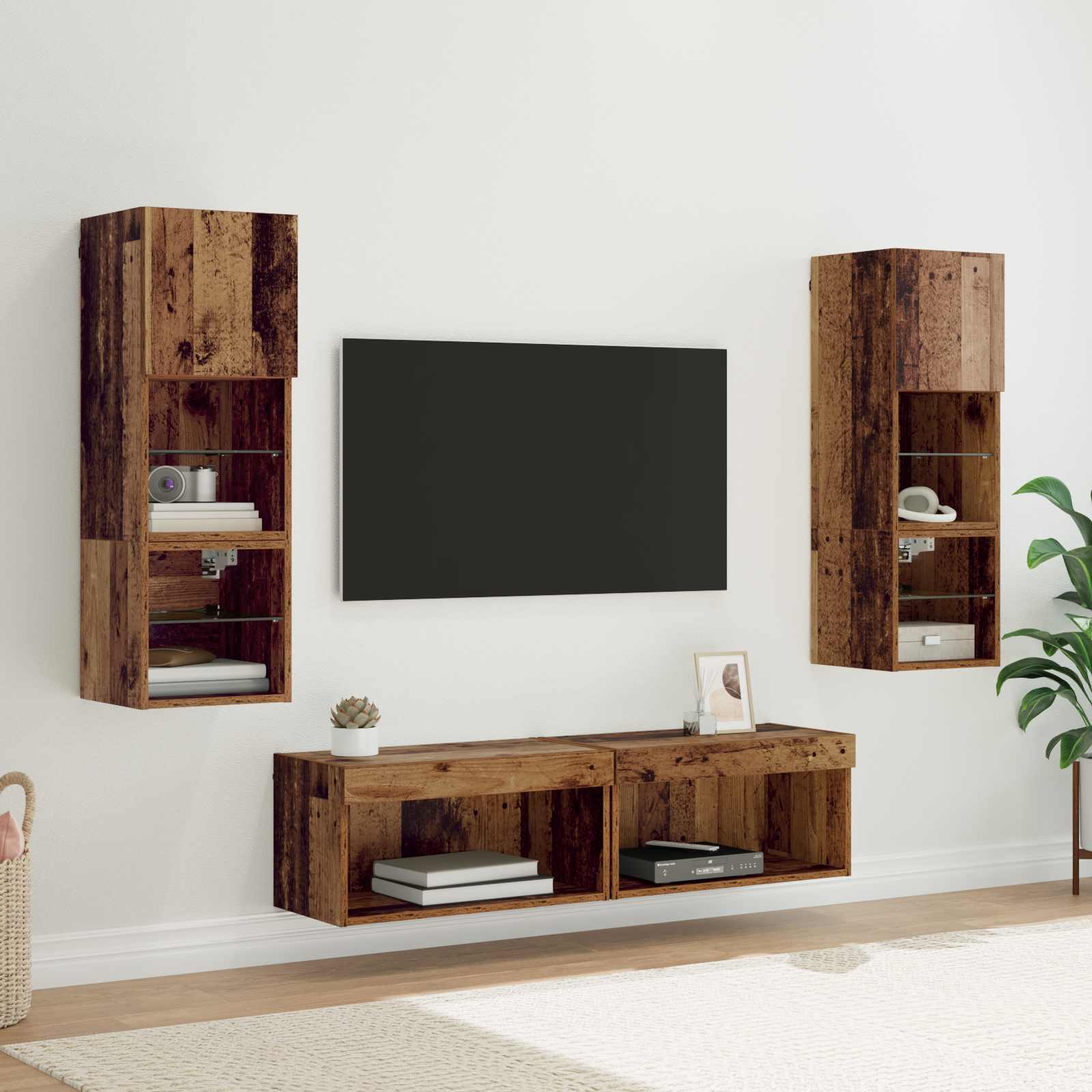 TV-wandmeubel met LED-striplichten 6 pcs Oud Hout Bewerkt hout is nu te koop bij PeponiXL, paradijselijk wonen!
