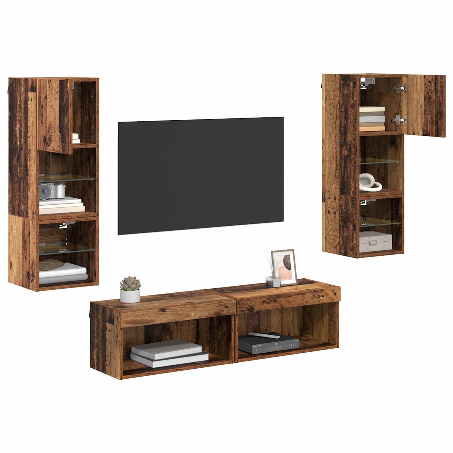 TV-wandmeubel met LED-striplichten 6 pcs Oud Hout Bewerkt hout is nu te koop bij PeponiXL, paradijselijk wonen!