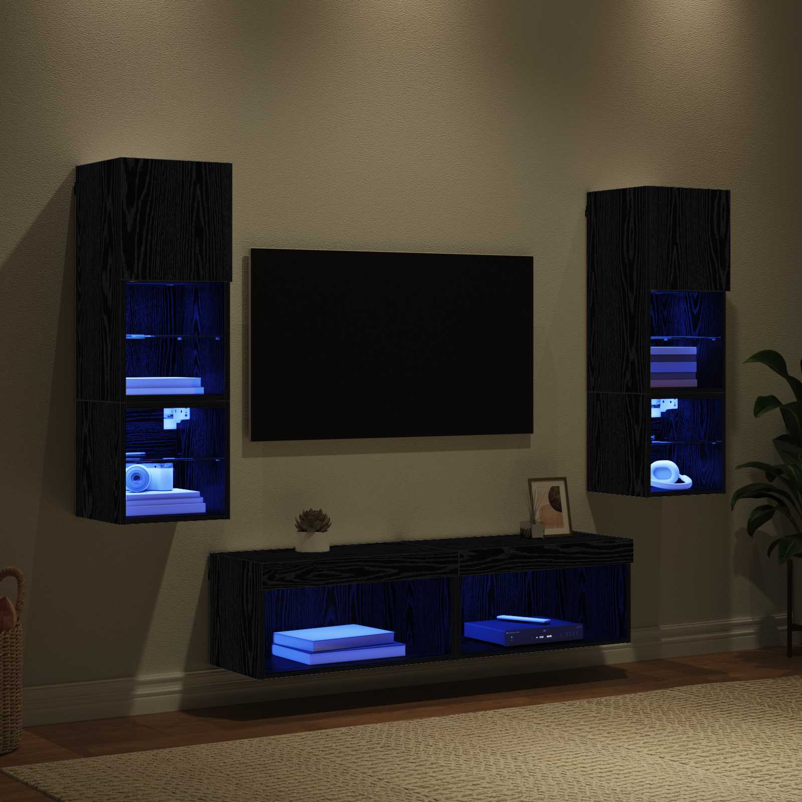 TV-wandmeubel Wandgemonteerd 6 pcs Zwart Eiken Bewerkt hout is nu te koop bij PeponiXL, paradijselijk wonen!