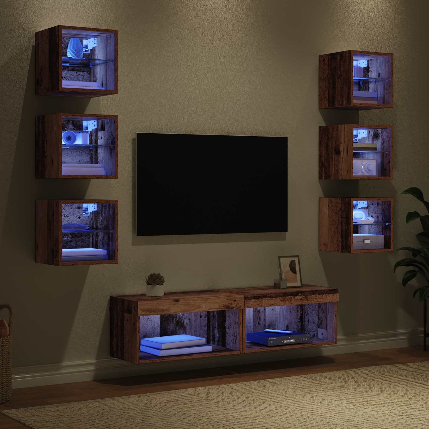 TV-kast met LED-striplichten met lade 8 pcs Oud Hout Glas is nu te koop bij PeponiXL, paradijselijk wonen!